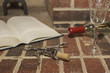 open book with wine bottle, wine glass, and corkscrew in front of a fireplace