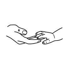 Hand Of Baby And Mother Touching Together Vector Illustration Sketch Hand Drawn With Black Lines, Isolated On White Background