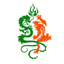 Silhouette Of A Tiger And Dragon Fight, A Tattoo On A White Background.