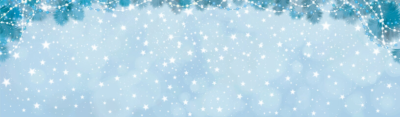 Vector blue lights, stars  background with fir tree border and decorations.