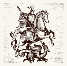 Hand Drawn Saint Georgi. Vector Illustration. Warrior Knight On Horse Slaying The Dragon With A Spear