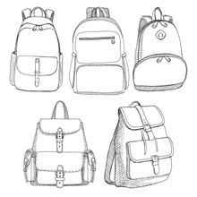 Set Of Different Backpacks, Men, Women And Unisex. Backpacks Isolated On White Background. Vector Illustration In Sketch Style.