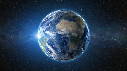 3d render animation: sunrise view from space on planet earth. high detailed. africa zone. blue world