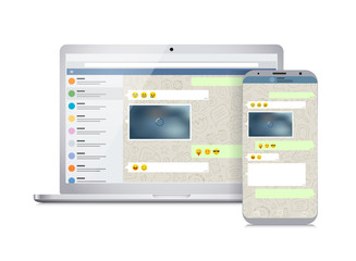 Poster - Vector smartphone and laptop with messenger application on the screen. Social network concept