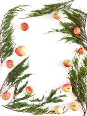 Wall Mural - Juniper branches and red apples isolated on white background. Christmas, New Year background. Vertical frame of coniferous branches of juniper. Top view, flat design.	