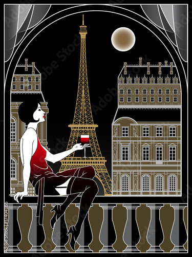 Flapper Girl With Wineglass On A Background Of Paris At Night