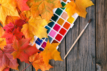 Canvas Print - Autumn creative art painting backgrounf with pencils and maple leaves