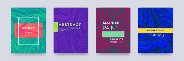 Poster - Marble color splash or paint abstract design texture background for brochure banner, poster or magazine cover template vector set. Marbling texture creative watercolor art pattern gradient backdrop