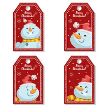 Set Of Cartoon Red Christmas Tag Or Label  With Laughing And Smiling Snowmen In Santa's Hat. Xmas Gift Tag, Invitation Banner, Sale Or Discount Poster Collection.