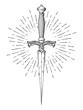 Ritual dagger with rays of light isolated on white background hand drawn vector illustration. Black work, flash tattoo or print design