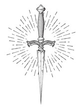Ritual Dagger With Rays Of Light Isolated On White Background Hand Drawn Vector Illustration. Black Work, Flash Tattoo Or Print Design