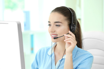 Poster - Young female technical support dispatcher working in office