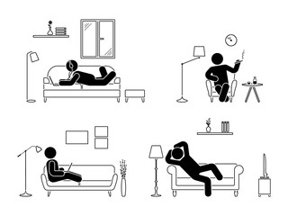 Stick figure resting at home position set. Sitting, lying, smoking cigarette, listening to music, using laptop, drinking whiskey vector icon relaxing posture on sofa and armchair. Furniture pictogram