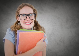 Poster - Nerd woman with books against grey background with grunge