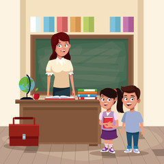 Poster - Teacher with kids in classroom icon vector illustration graphic design