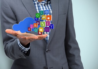 Poster - Business hand spread of with cloud and application icons. Light