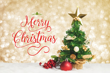 Poster - Merry Christmas work with xmas tree with cherry and ball decorate on white fur with golden silver bokeh sparkle light background,Holiday greeting card.