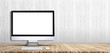 Desktop computer,keyboard,mouse on wood plank table top at white wood wall background,Mock up for display or montage of product,Banner or header for advertise on social media.