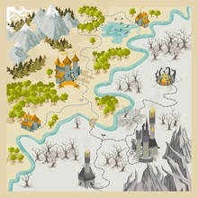 Fantasy Adventure Map Elements With Colorful Doodle Hand Draw In Vector Illustration - Map2