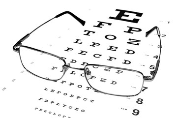 Glasses in a silver-rimmed on the Snellen eye chart