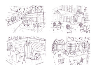 Fototapete - Collection of freehand sketches of outdoor cafe or restaurant with tables and chairs standing on city street beside buildings and trees. Monochrome vector illustration hand drawn with contour lines.