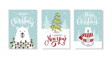 Set Of Christmas And New Year Greeting Cards. Vector Illustration. Hand Drawn Lettering.