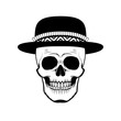 Graphic illustration of skull in hat . Black and white.