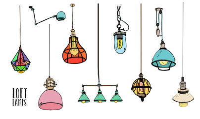 Collection of different colored loft lamps or light fixtures isolated on white background. Hand drawn old-fashioned ceiling lightings, retro home interior decorations. Colorful vector illustration.