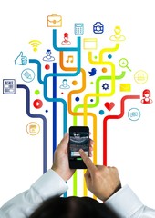 Poster - Man with phone on  hands and  lines with  application icons