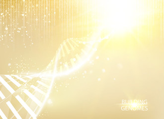 Poster - Scince illustration of bigdata with DNA molecule. Abstract binary code in matrix style over golden background. Dna bigdata visualization. Vector illustration.