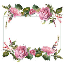 Romantic Watercolor Rose Flowers Wreath Frame