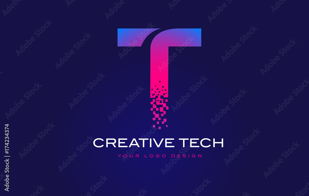 T Initial Letter Logo Design with Digital Pixels in Blue Purple Colors ...