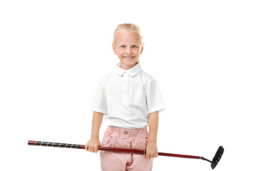 Wall Mural - Little girl with golf driver isolated on white