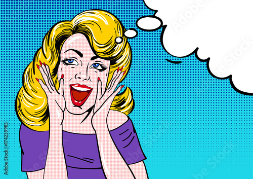 Pop art surprised blond girl face with open mouth. Wow comic woman with speech bubble vintage vector illustration. © sebos