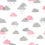 Fototapeta Fototapety na ścianę do pokoju dziecięcego - Seamless watercolor clouds pattern. Rain of hearts. Vector background.