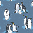 Seamless pattern with image of a penguins on a blue background. Vector illustration.