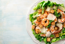 Overhead Photo Of Shrimp Caesar Salad With Copyspace