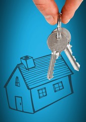 Poster - Hand Holding key with house home drawing in front of vignette
