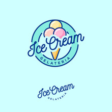 Logo Ice Cream. Italian Ice Cream Emblem. Ice Cream In A Waffle Cone With Letters In A Circle.