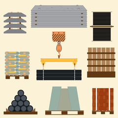 Storage of construction material. Storage and stacking of construction materials. A set of building objects drawn in a flat style.
