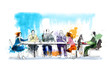 Silhouettes of successful business people working on meeting. Sketch with colourful water colour effects 