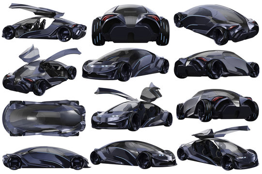 Car concept auto dark purple modern transport set. 3D rendering