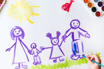 Wall Mural - Child's hand paints sketch of the family