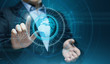 © Sikov - Digital Global Network. Business Internet Technology Concept. Businessman presses touch screen