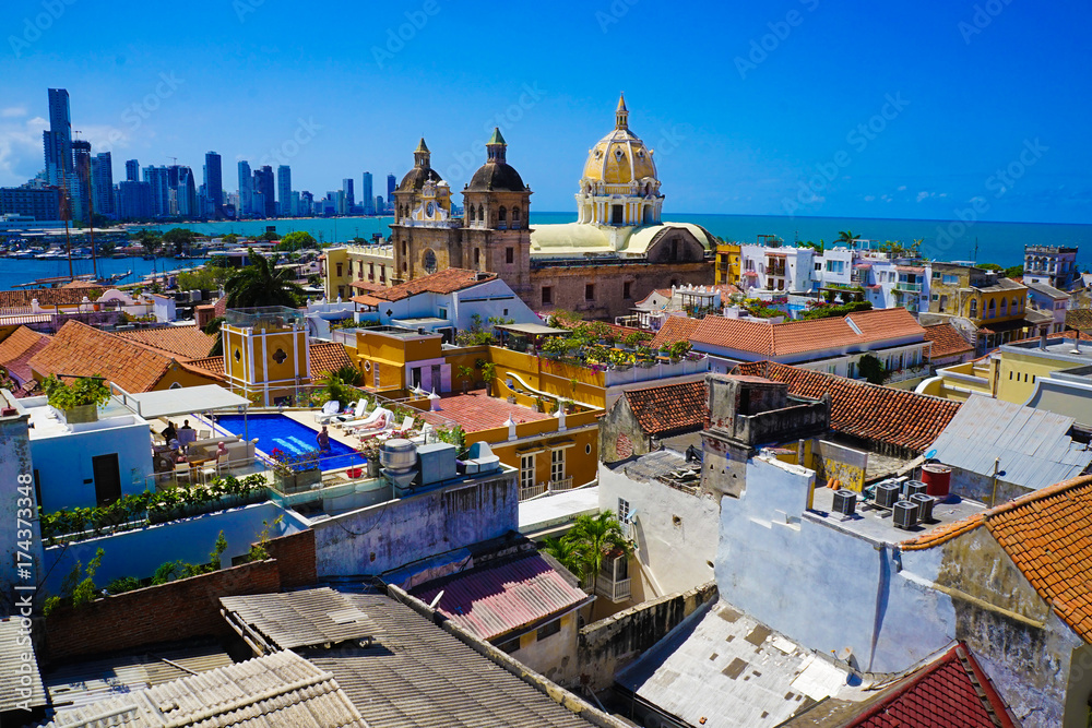 Old Town Of Cartagena in Colombia Over Rooftops - UNESCO World Heritage Site - obrazy, fototapety, plakaty 