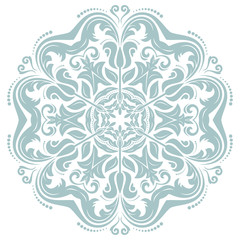 Oriental round light blue pattern with arabesques and floral elements. Traditional classic ornament. Vintage pattern with arabesques