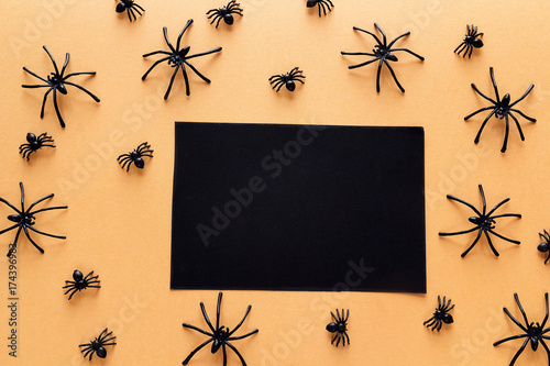 Zdjęcie XXL Czarna pusta papierowa karta z dekoracyjnymi pająkami na pomarańczowym tle. Halloweenowy tło.