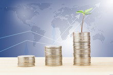 Sprout Growing From Stack Of Coins On Wooden Desk On Blurred World Map And Line Graph Background, Business Financial Concept