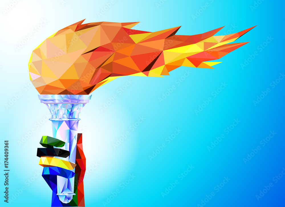 Torch, Flame.  A hand from the Olympic ribbons holds the Cup with a torch on a blue background in a geometric triangle of XXIII style Winter games - obrazy, fototapety, plakaty 