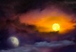 © yaalan - Red sunset and moon . Beautiful sunset with moon . Dramatic nature background . Moon sky and clouds .Full moon background  . Light in dark sky